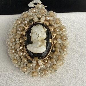 Vintage Cameo Pendant Seed Beaded Old